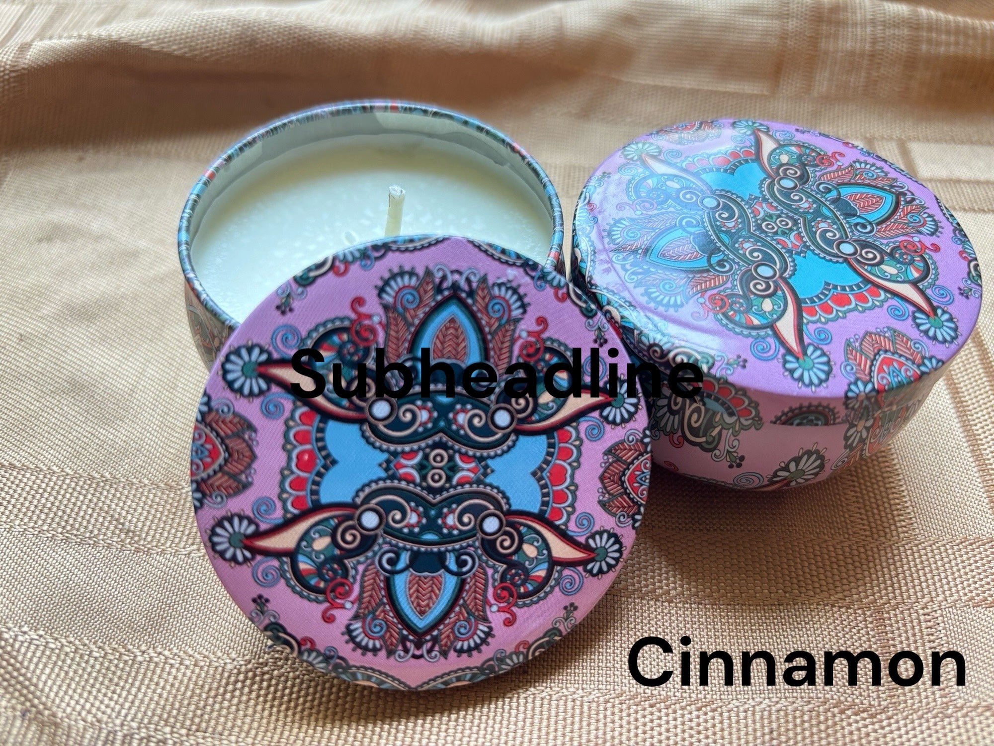 Cinnamon scented mosaic candle encassed in a stunning vibrant tin. It blends striking visual artistry with a premium fragrance experience! 