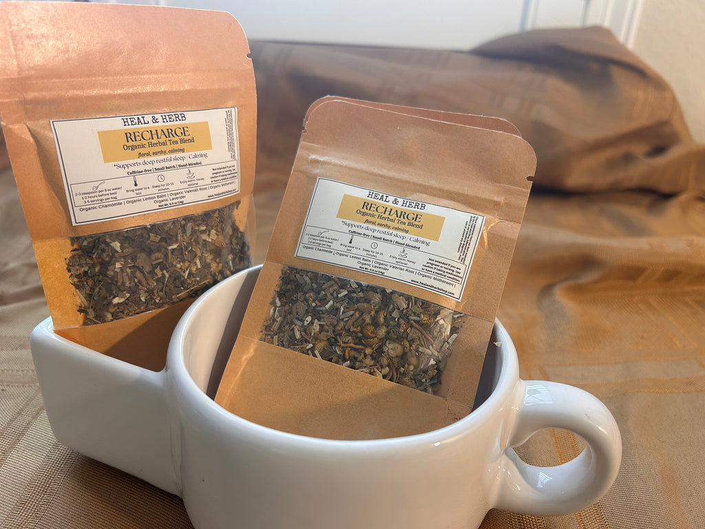Our RECHARGE Organic Herbal Tea blend is crafted to support deep, restful sleep by calming the mind, easing tension, and helping the body fully unwind. This gentle nighttime tea is perfect for creating a peaceful evening ritual that promotes rest without morning grogginess.

Chamomile and lemon balm offer soothing floral notes, while motherwort and valerian root provide grounding relaxation. Lavender ties it all together with a soft, fragrant finish—ideal for sipping 1–2 hours before bed as you prepare to r