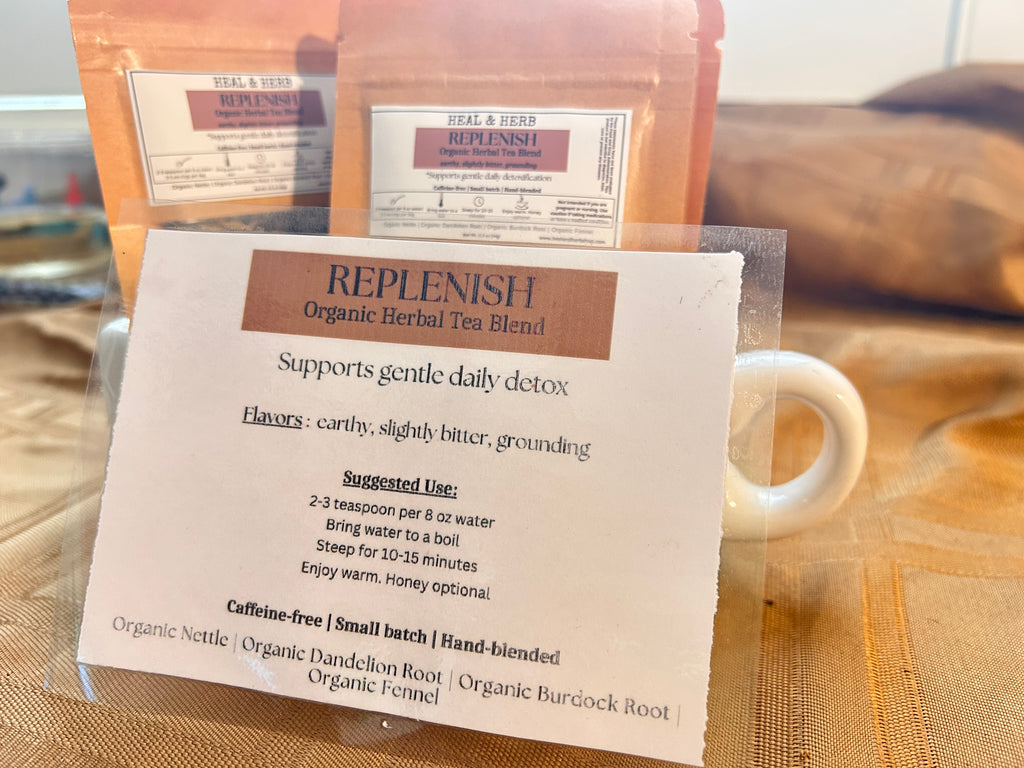 Our REPLENISH Organic Herbal Tea blend is formulated to support the body’s natural detoxification pathways—gently nourishing the liver, kidneys, and bowels. This cleansing blend is ideal for those looking to reset, rebalance, and encourage healthy elimination.
Nettle offers mineral-rich support, while burdock and dandelion root have long been used to assist liver and kidney function. Fennel brings a mild sweetness and soothing digestive support, while senna adds a natural laxative effect to promote action.