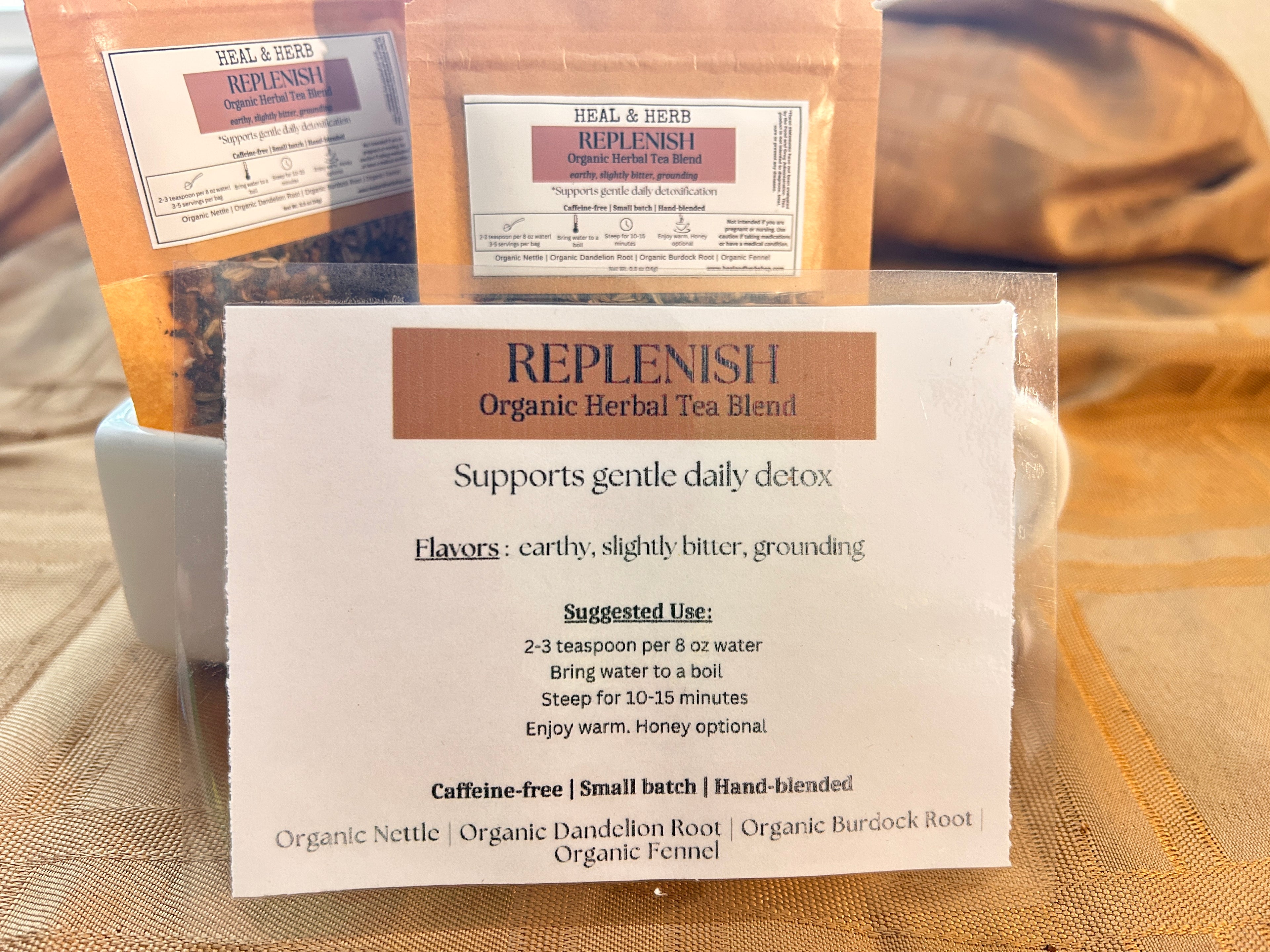 Our REPLENISH Organic Herbal Tea blend is formulated to support the body’s natural detoxification pathways—gently nourishing the liver, kidneys, and bowels. This cleansing blend is ideal for those looking to reset, rebalance, and encourage healthy elimination.

Nettle offers mineral-rich support, while burdock and dandelion root have long been used to assist liver and kidney function. Fennel brings a mild sweetness and soothing digestive support, while senna adds a natural laxative effect to promote gentle 
