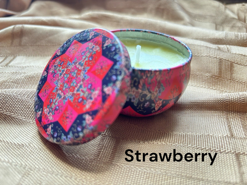 Strawberry scented mosaic candle encassed in a stunning vibrant tin. It blends striking visual artistry with a premium fragrance experience! 
