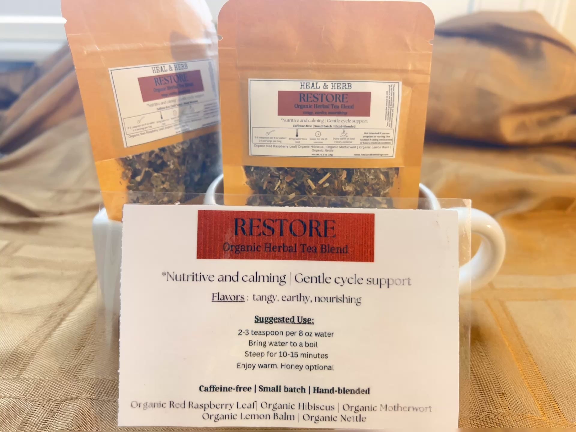Our RESTORE Organic Herbal Tea blend is a calming and nourishing mix formulated to support women's health, ease PMS discomfort, and promote balance throughout the menstrual cycle. Perfect for grounding the body and mind during that time of the month.

Hibiscus and lemon balm bring a bright, floral flavor and gentle relaxation, while motherwort and raspberry leaf have been traditionally used to support the uterus. Nettle adds a rich source of minerals, helping to replenish and restore.

Caffeine-free | Small