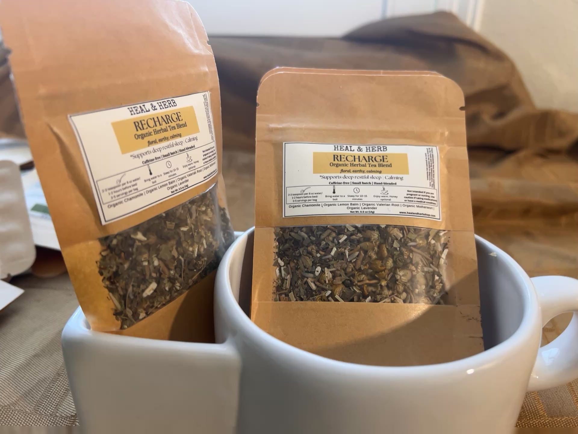 Our RECHARGE Organic Herbal Tea blend is crafted to support deep, restful sleep by calming the mind, easing tension, and helping the body fully unwind. This gentle nighttime tea is perfect for creating a peaceful evening ritual that promotes rest without morning grogginess.

Chamomile and lemon balm offer soothing floral notes, while motherwort and valerian root provide grounding relaxation. Lavender ties it all together with a soft, fragrant finish—ideal for sipping 1–2 hours before bed as you prepare to r
