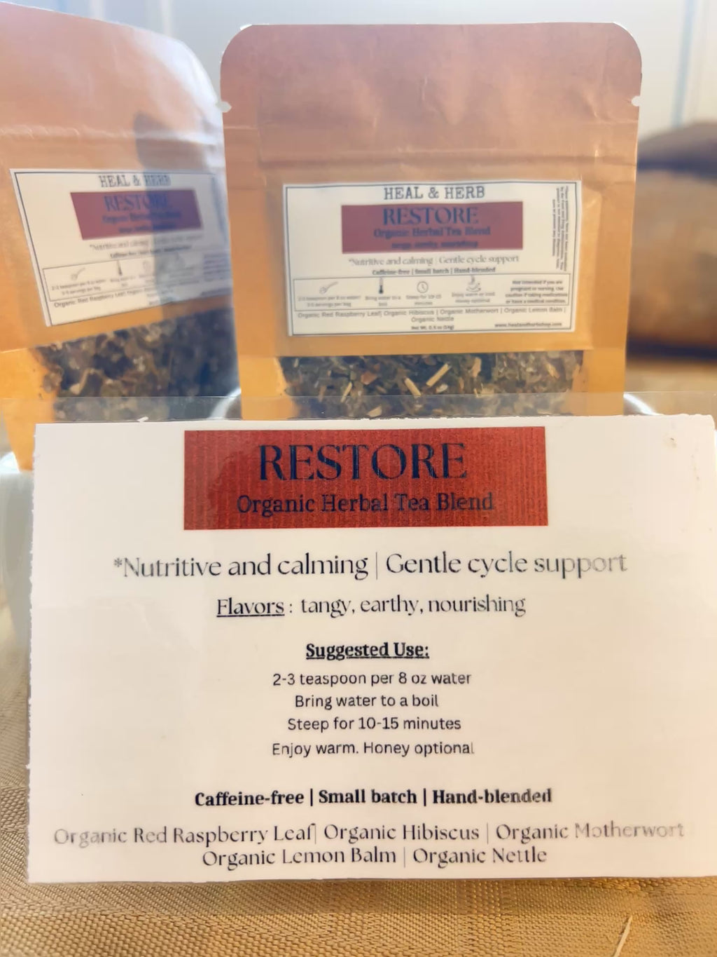 Our RESTORE Organic Herbal Tea blend is a calming and nourishing mix formulated to support women's health, ease PMS discomfort, and promote balance throughout the menstrual cycle. Perfect for grounding the body and mind during that time of the month.

Hibiscus and lemon balm bring a bright, floral flavor and gentle relaxation, while motherwort and raspberry leaf have been traditionally used to support the uterus. Nettle adds a rich source of minerals, helping to replenish and restore.

Caffeine-free | Small